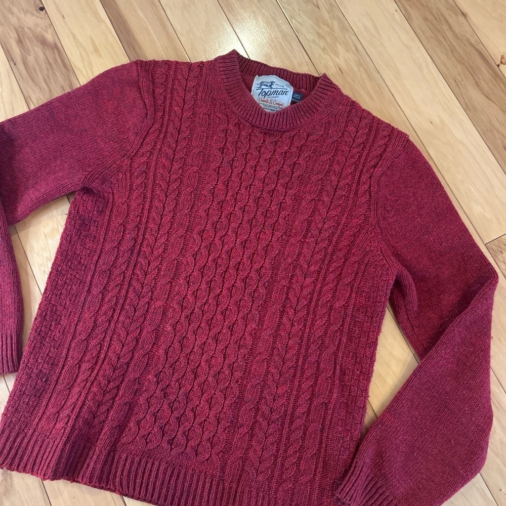 Topman Rich Red Cable Knit Wool Blend Men’s Crewneck Sweater - Picture 8 of 9